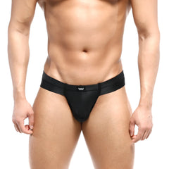 Black men’s thong with sleek minimalist design and small white logo on waistband metro male wear naked bikini black
