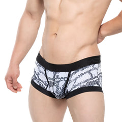MetroMalewear nano trunk cobra 7016-62 men’s black and white snake-scale patterned briefs with black elastic waistband and leg openings