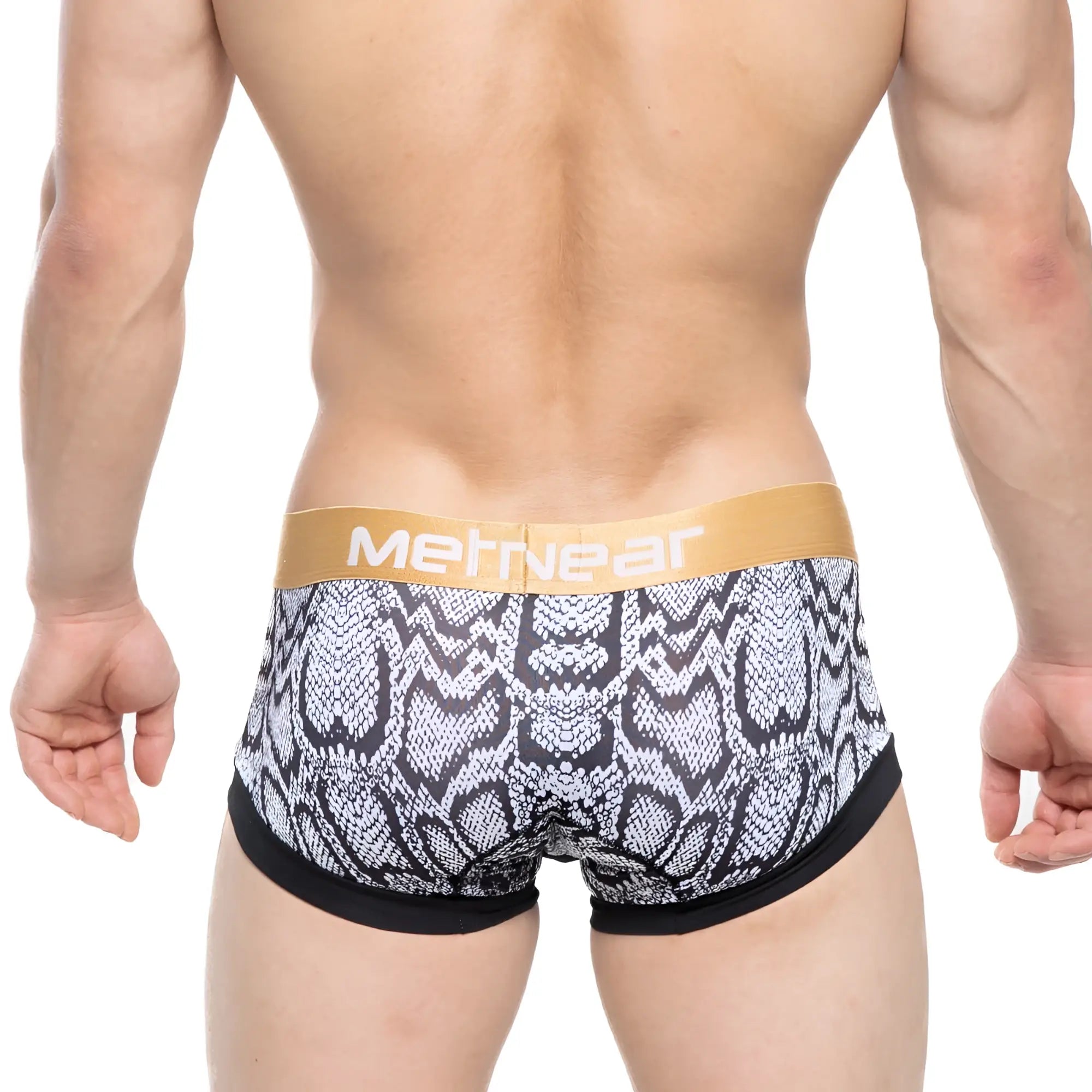 Men’s MetroMaleWear Nano Trunk Snake 7016-61 briefs with black white snake-scale pattern and gold waistband