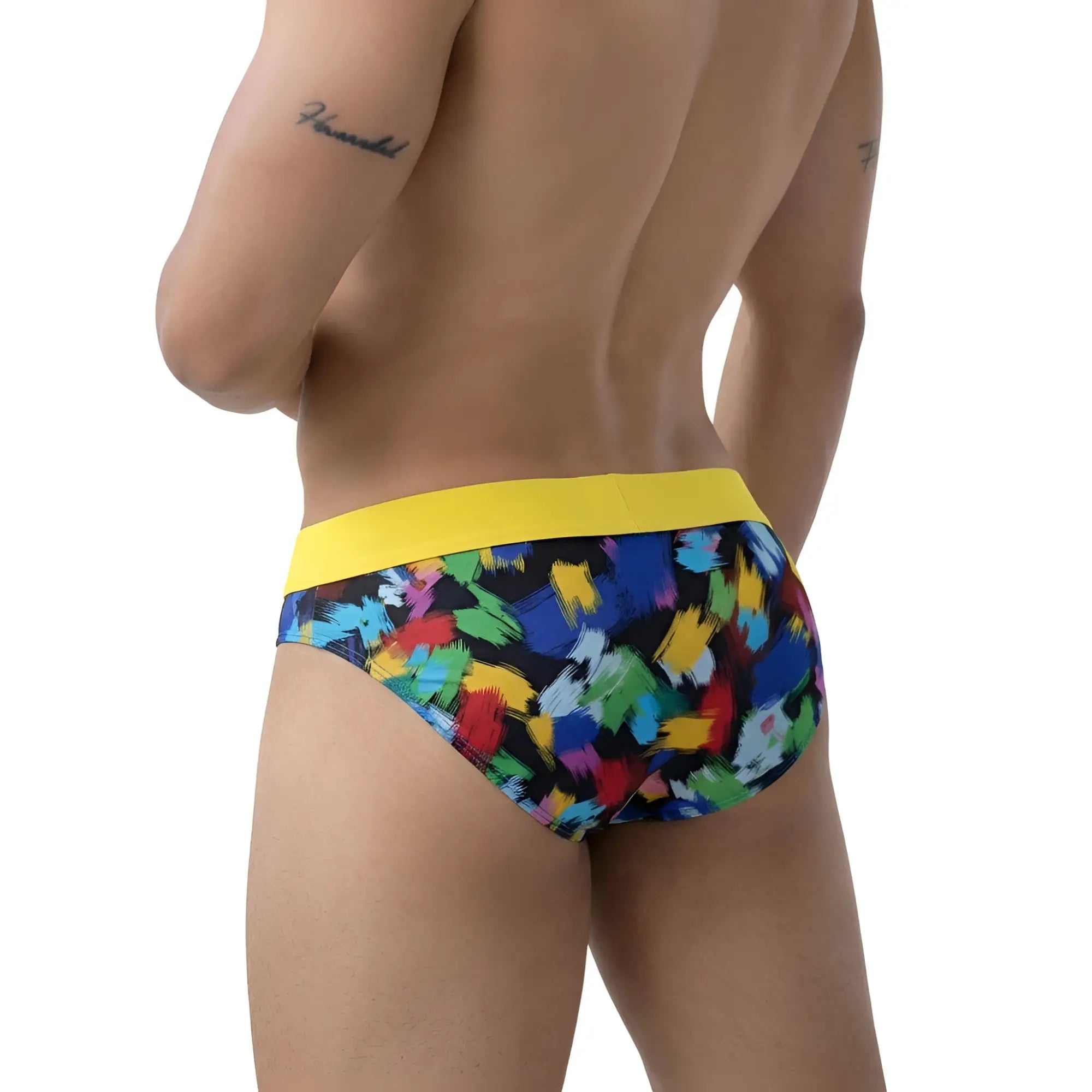 MetroMaleWear Nasca brief yellow with vibrant abstract paint splatter pattern and bold yellow waistband