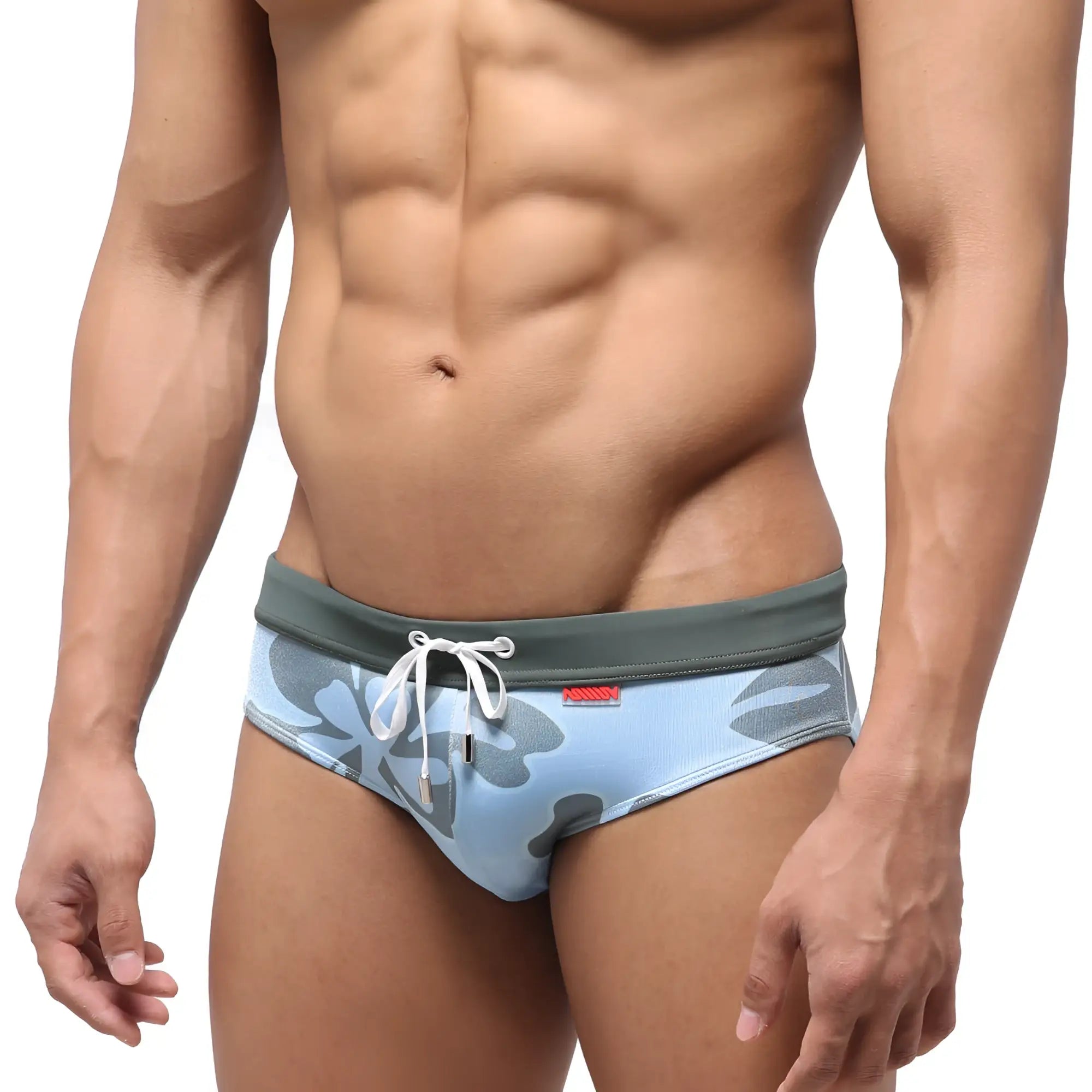 MetroMalewear nature swim brief 4916-52 light blue swim trunks with gray camouflage pattern and white drawstring waistband