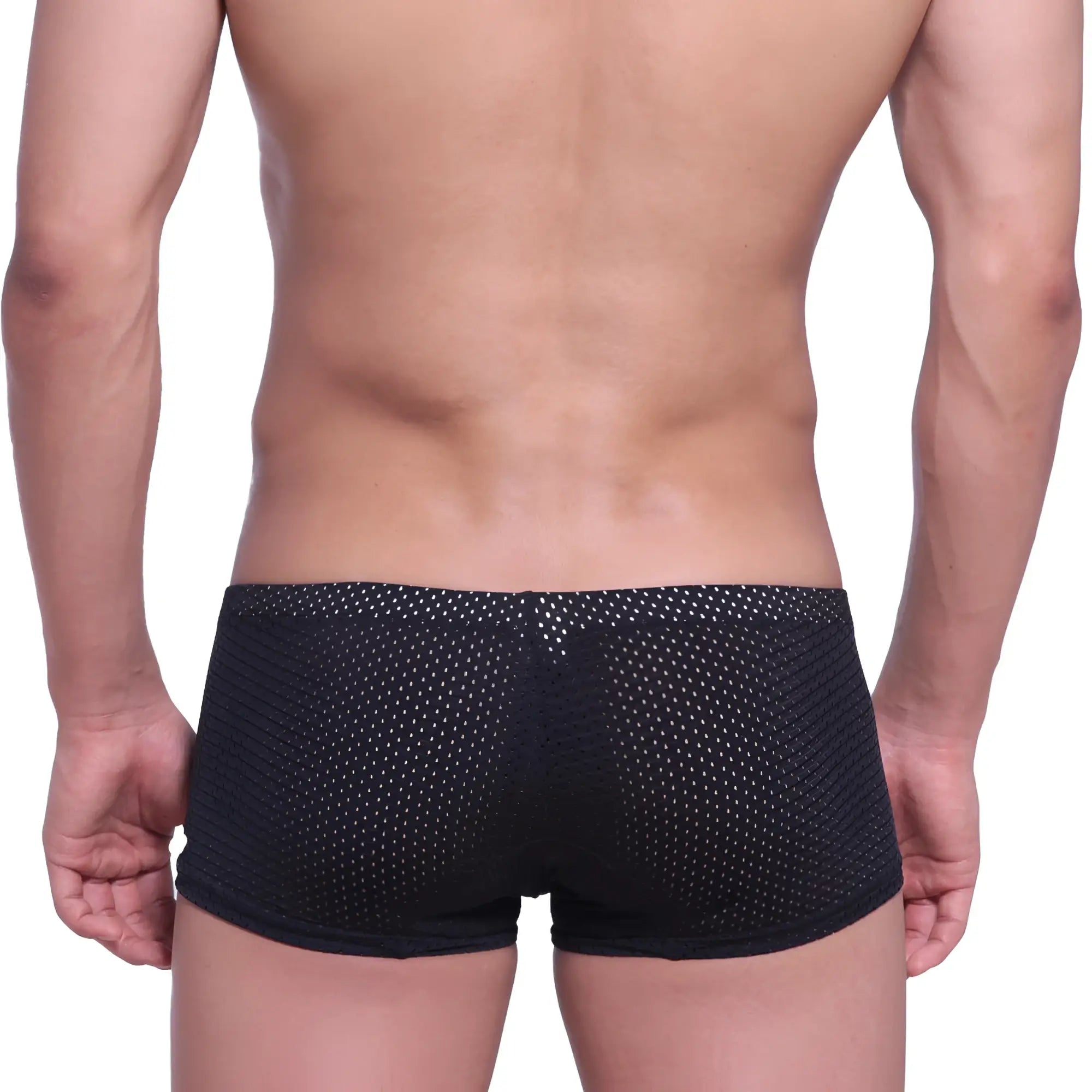 Black mesh briefs with subtle white dot pattern from metromalewear neon boxer black 1222-20 collection