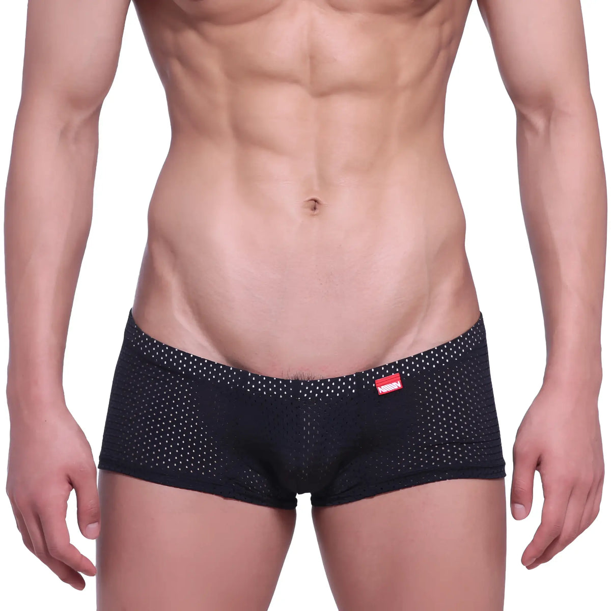 MetroMaleWear neon boxer black mesh briefs with subtle white dots and small red brand tag on the waistband