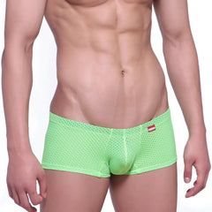 Bright green neon mesh briefs with subtle perforated texture and small red brand tag on the waistband by MetroMaleWear