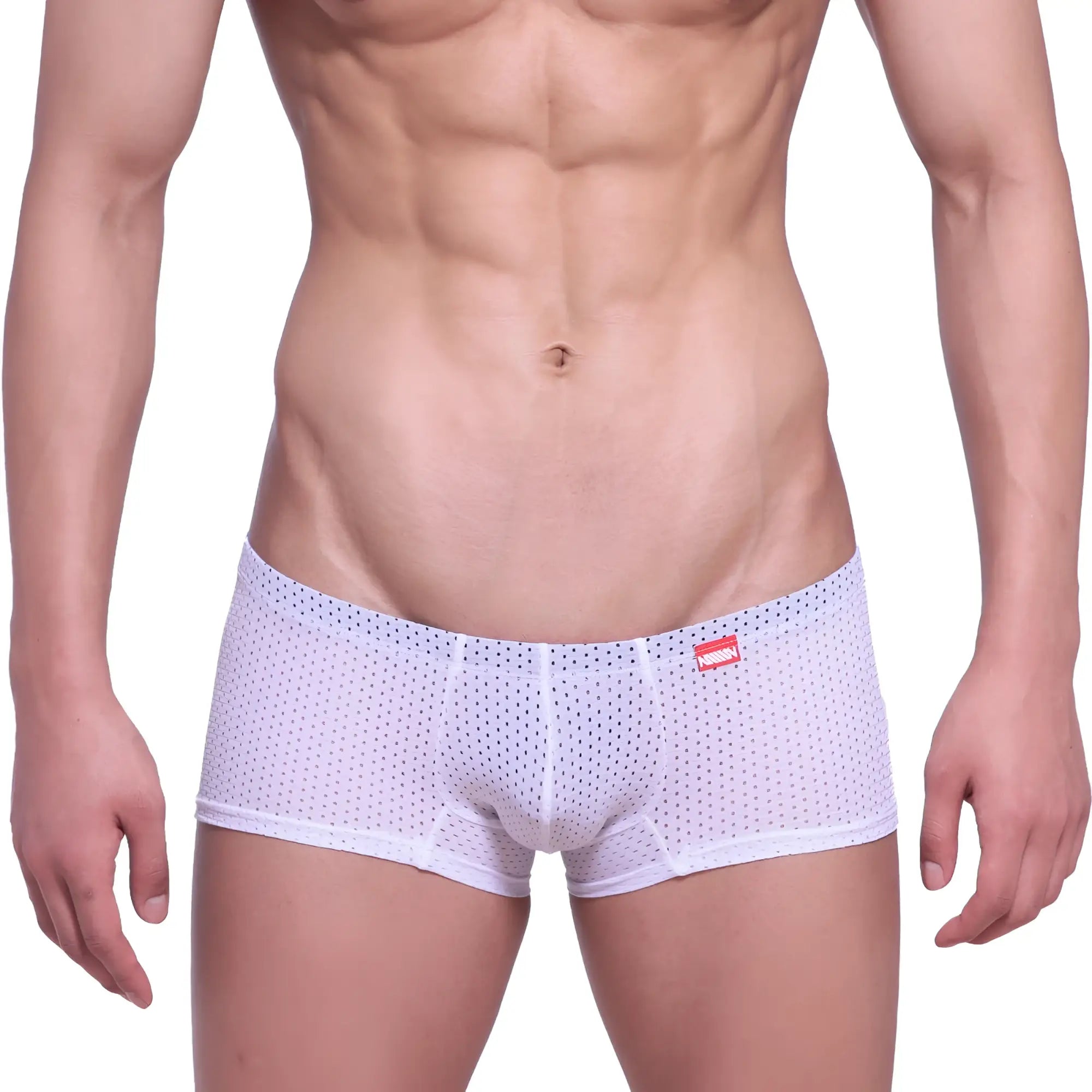 White mesh briefs with subtle dot pattern and red metroMalewear brand tag on the waistband neon boxer white 1222-00