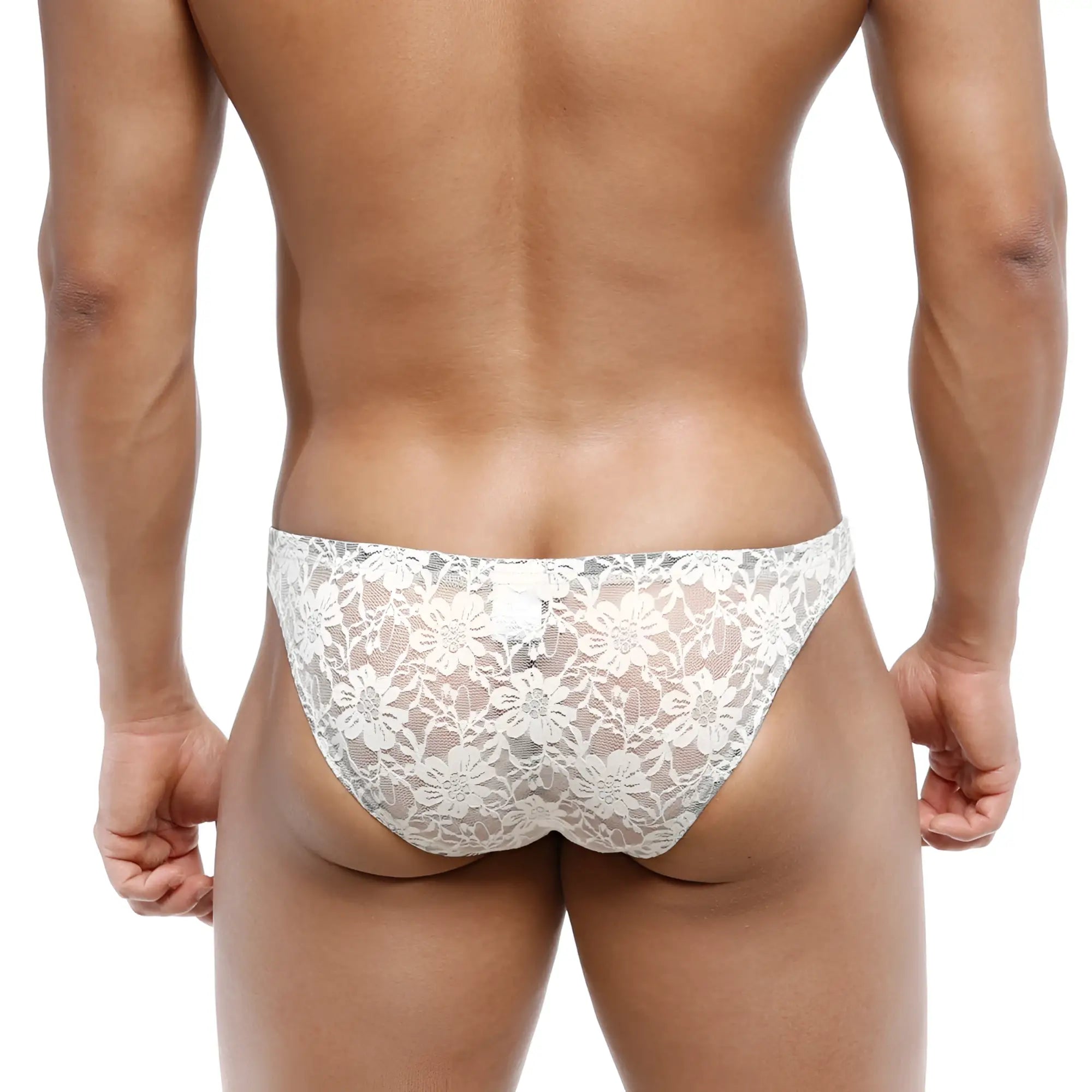 White floral lace men’s briefs from MetroMaleWear net bikini lace nude 1104-01 featuring delicate floral design