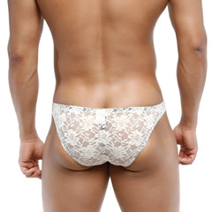 White floral lace men’s briefs from MetroMaleWear net bikini lace nude 1104-01 featuring delicate floral design