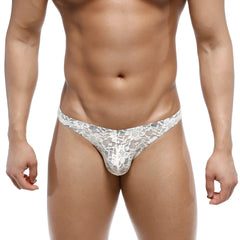 White lace thong with floral pattern from metromalewear net bikini lace nude 1104-01 collection