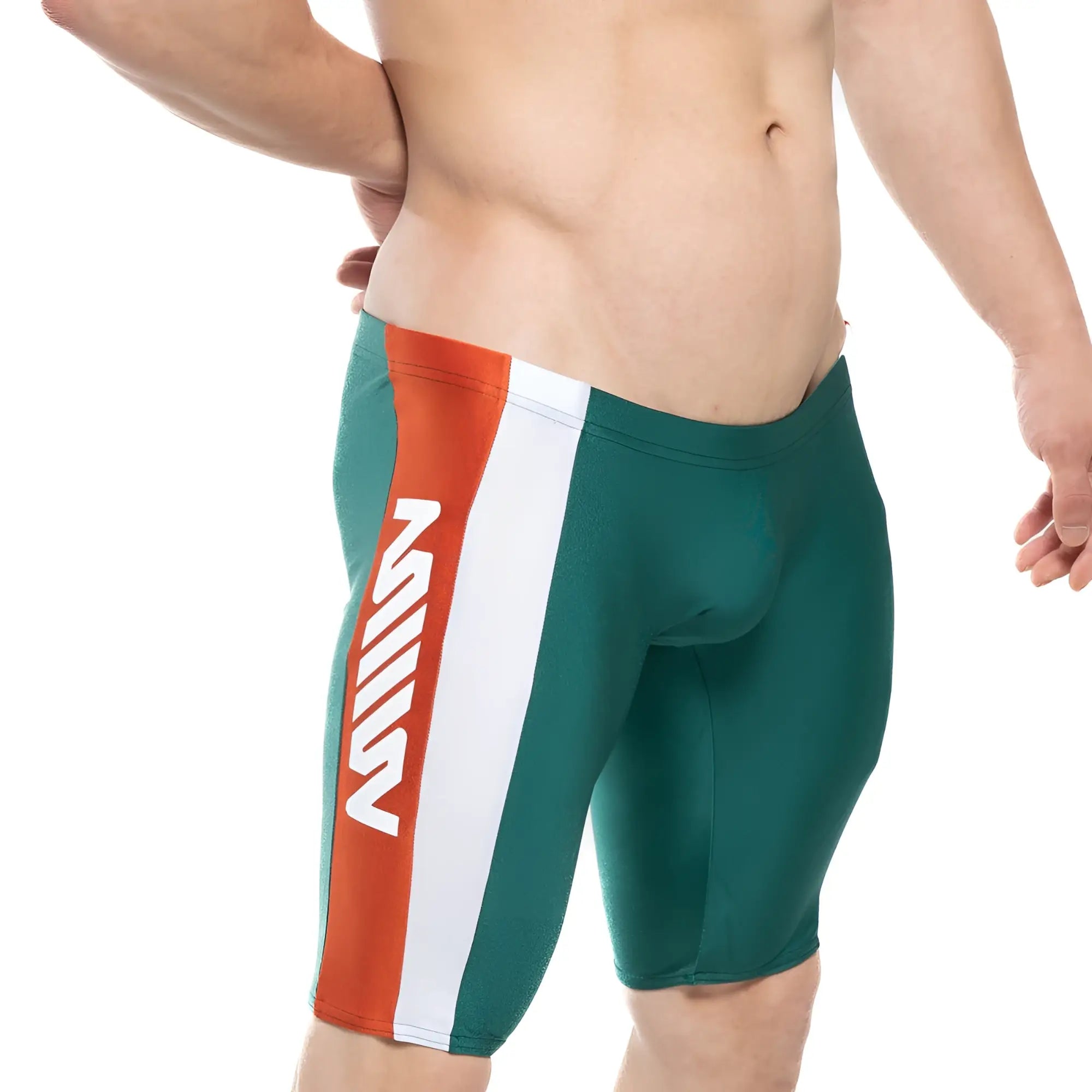 MetroMaleWear new jammer swim boxer green with bold orange white stripe and white stylized z logo for swimming