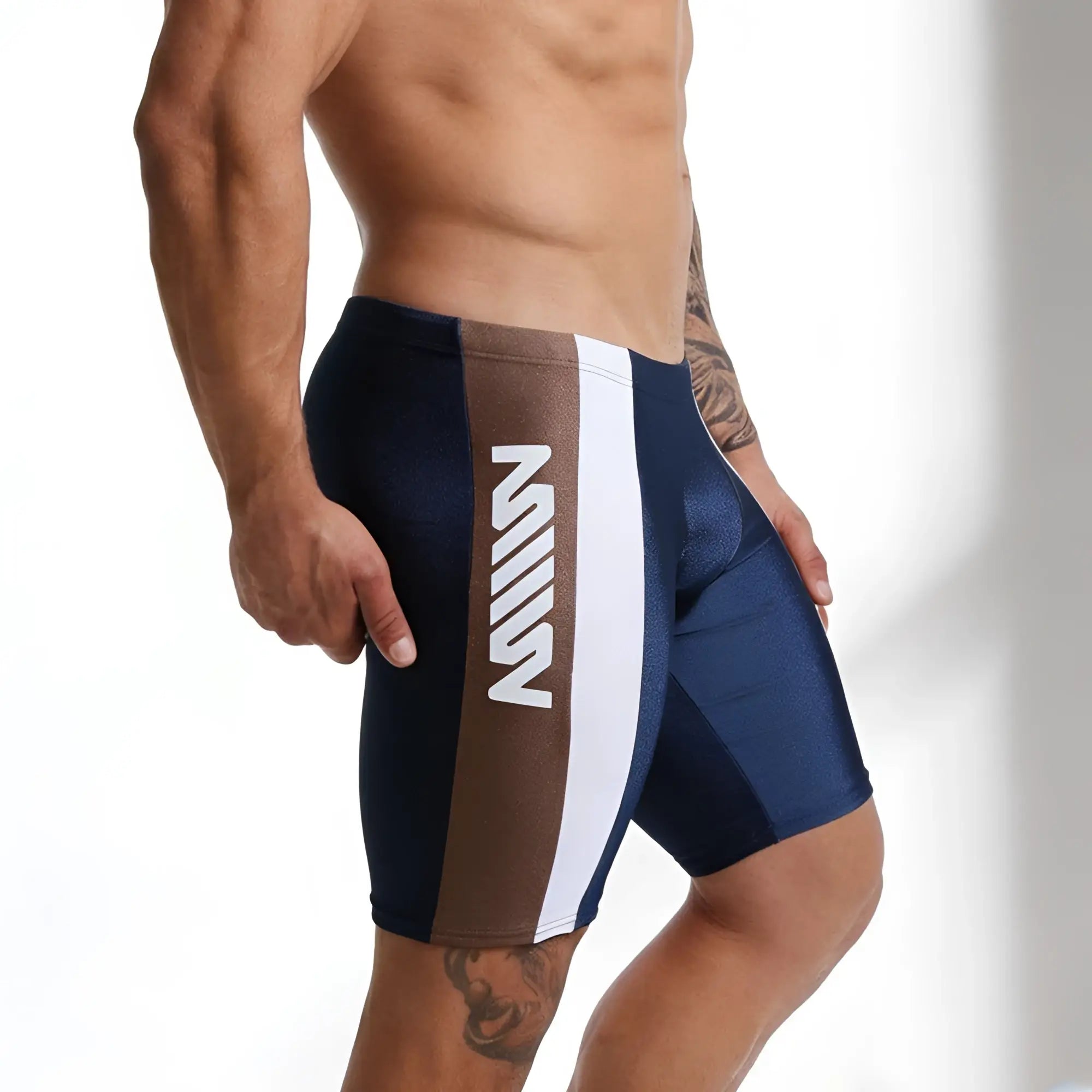 Navy blue and brown MetroMaleWear New Jammer swim boxer with white vertical stripe and bold m logo