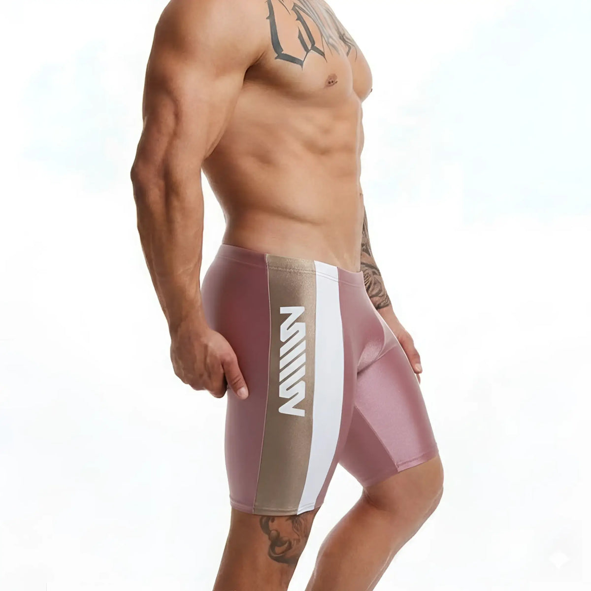 Metro malewear new jammer swim boxer pink beige athletic shorts with white vertical mill logo stripe