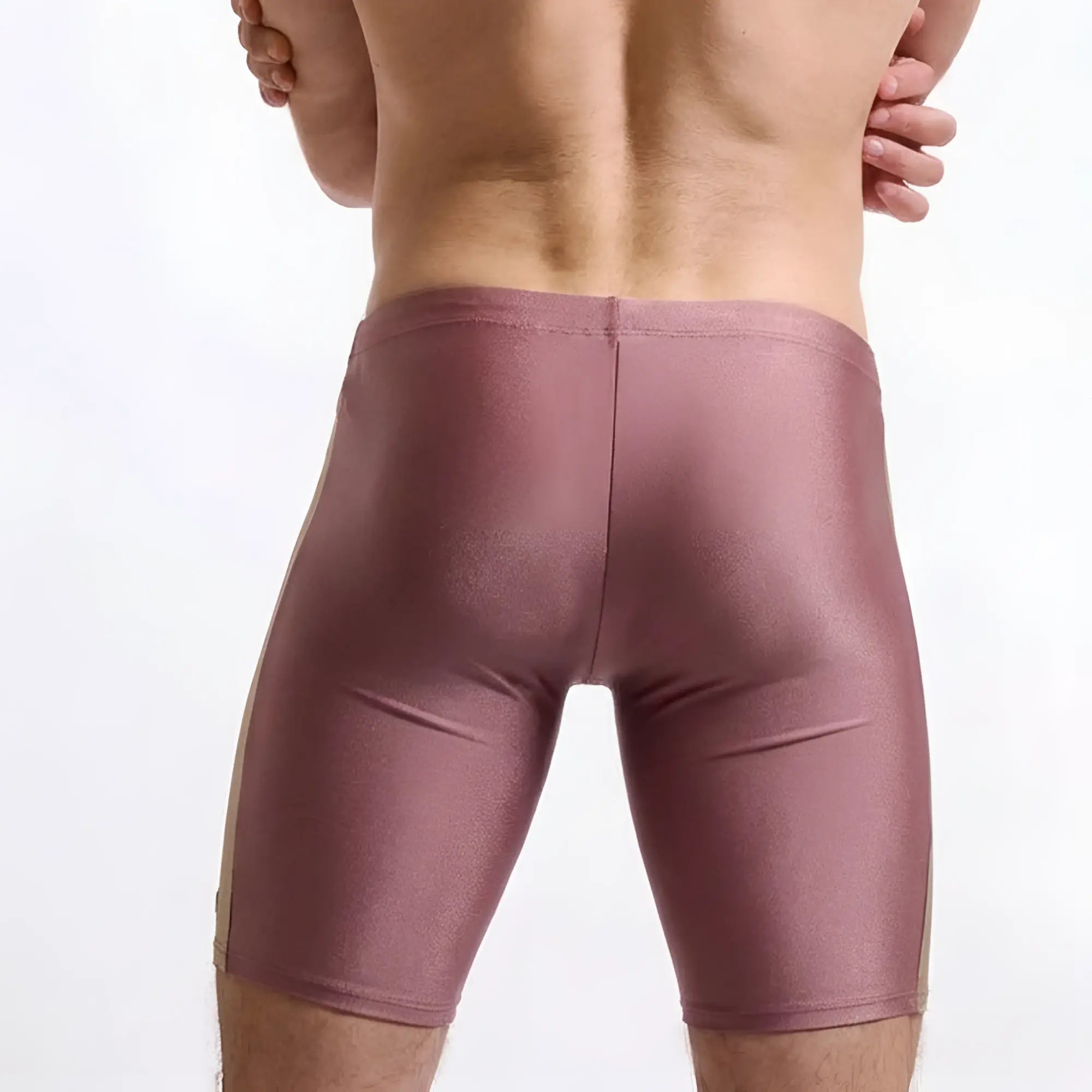 MetroMalewear new jammer swim boxer in shiny mauve with a form-fitting metallic finish for athletic use