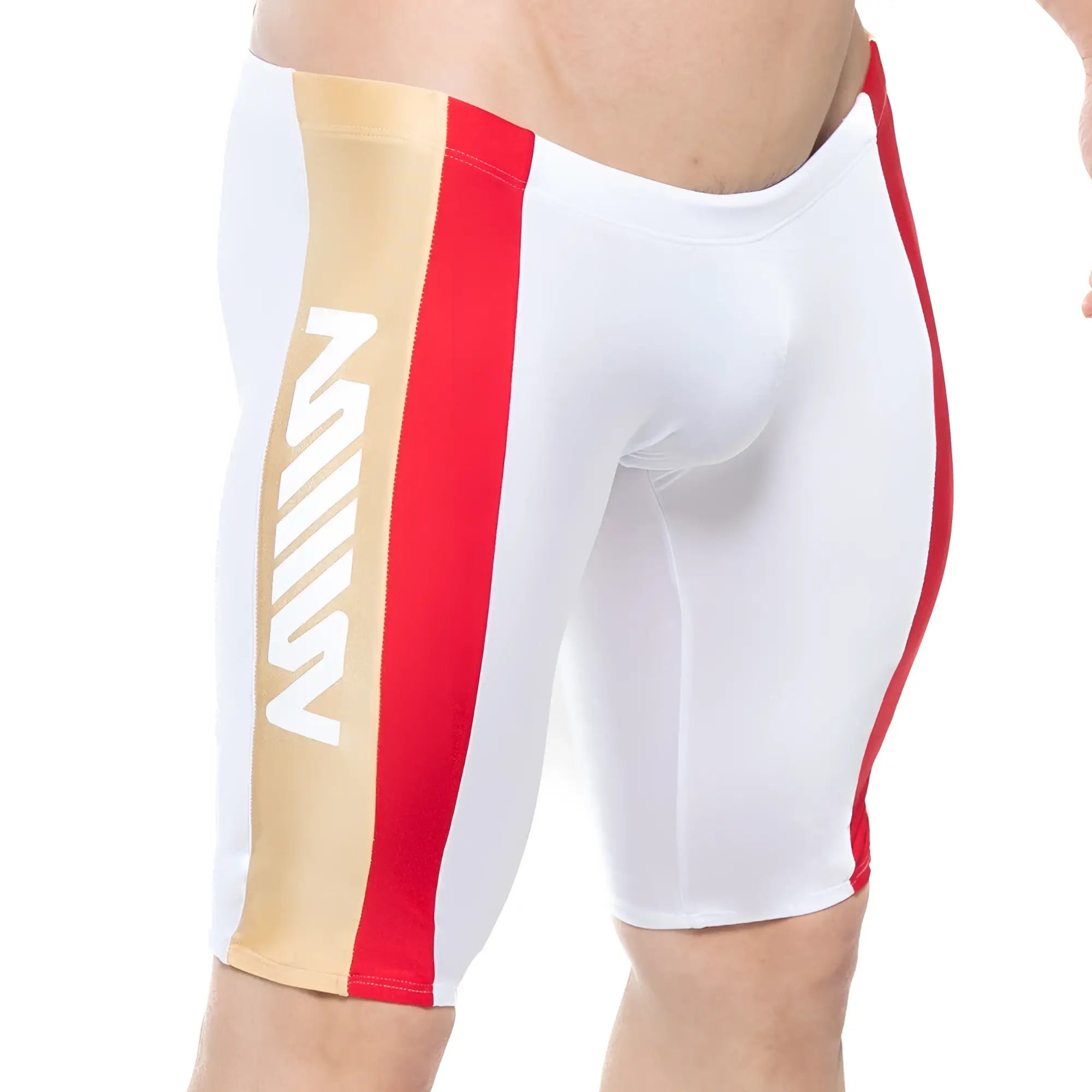 White swim trunks with bold red and gold vertical stripes and a white m logo on the gold stripe by MetroMaleWear
