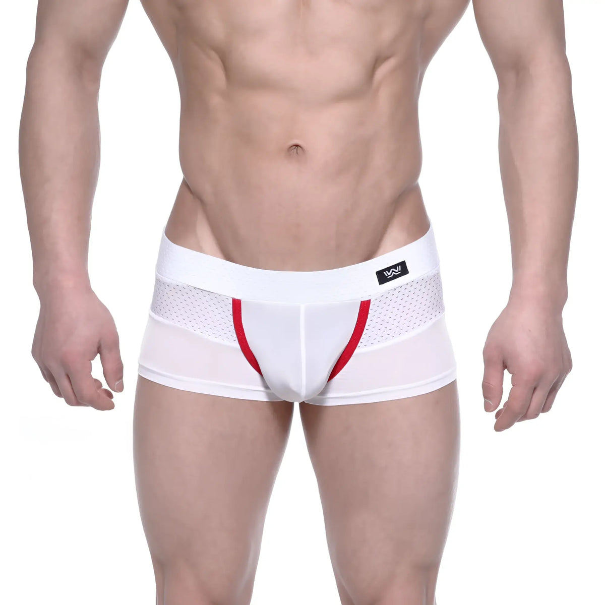 White athletic briefs metro male wear noto trunk with red trim mesh side panel and black logo tag