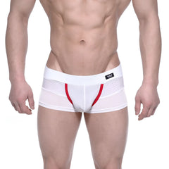 White athletic briefs metro male wear noto trunk with red trim mesh side panel and black logo tag