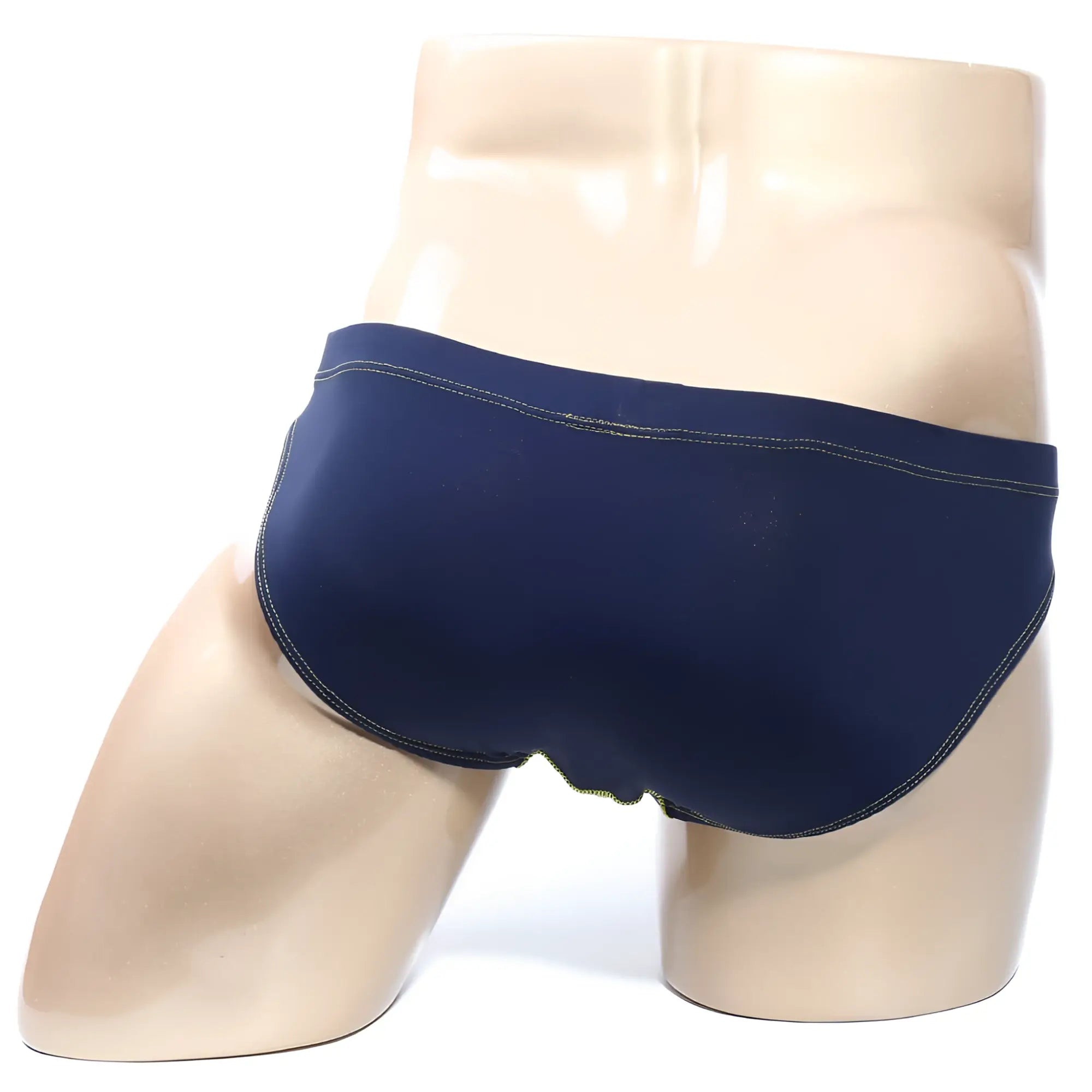 Navymalewear nucleobikini dark blue briefs with light green stitching showcasing comfortable sleek design