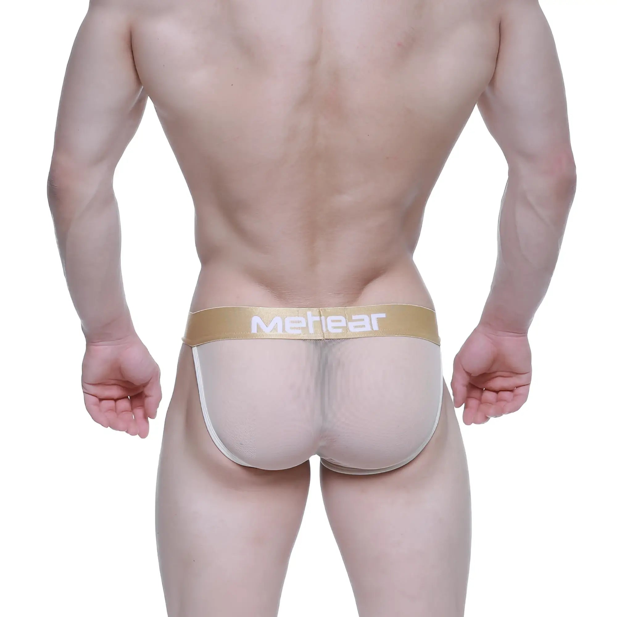 Beige mesh briefs with a gold waistband featuring the metear logo metro male wear nude bikini 3004 33