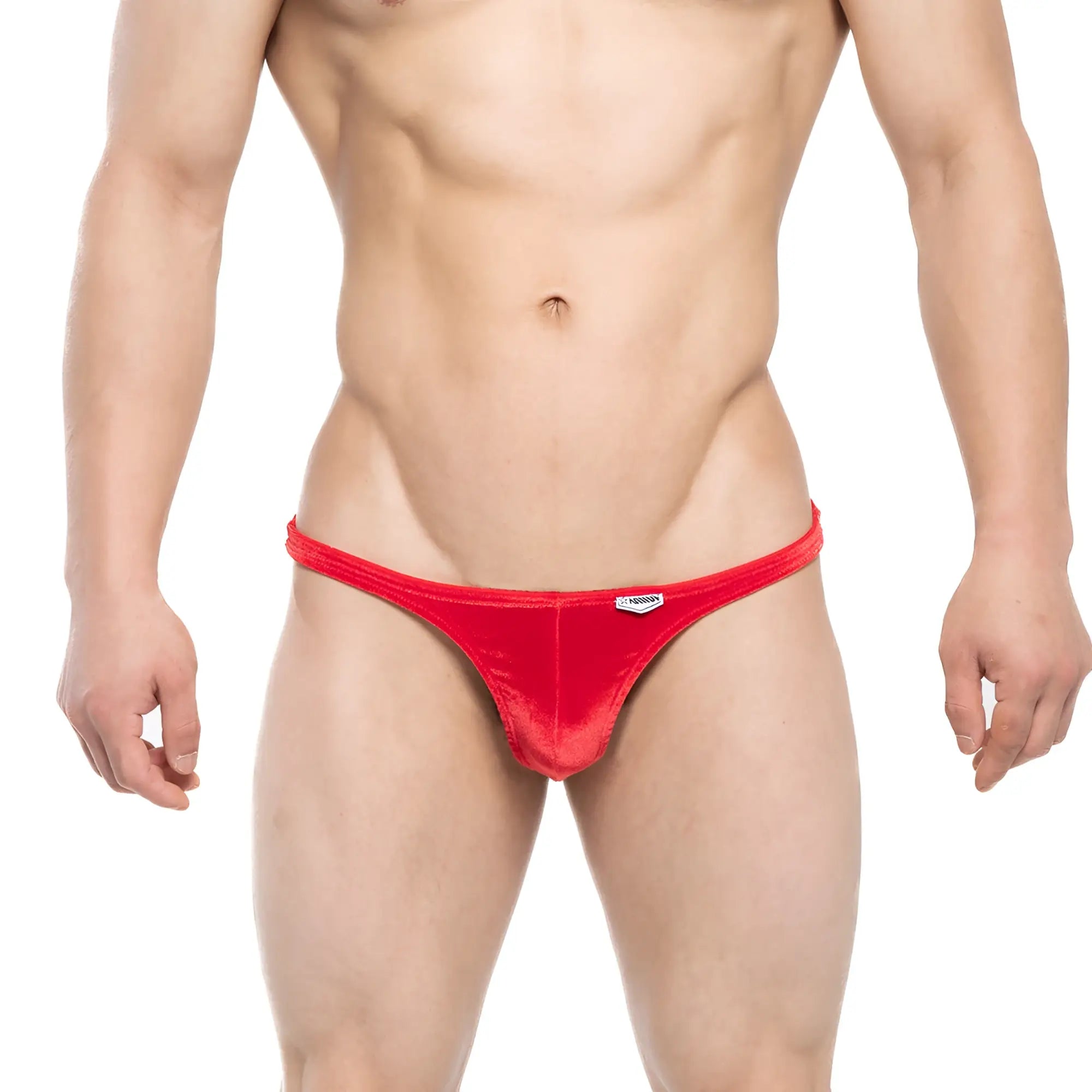 Red velvet thong with small white logo on front from MetroMaleWear Oceano Thong 1032-12 collection