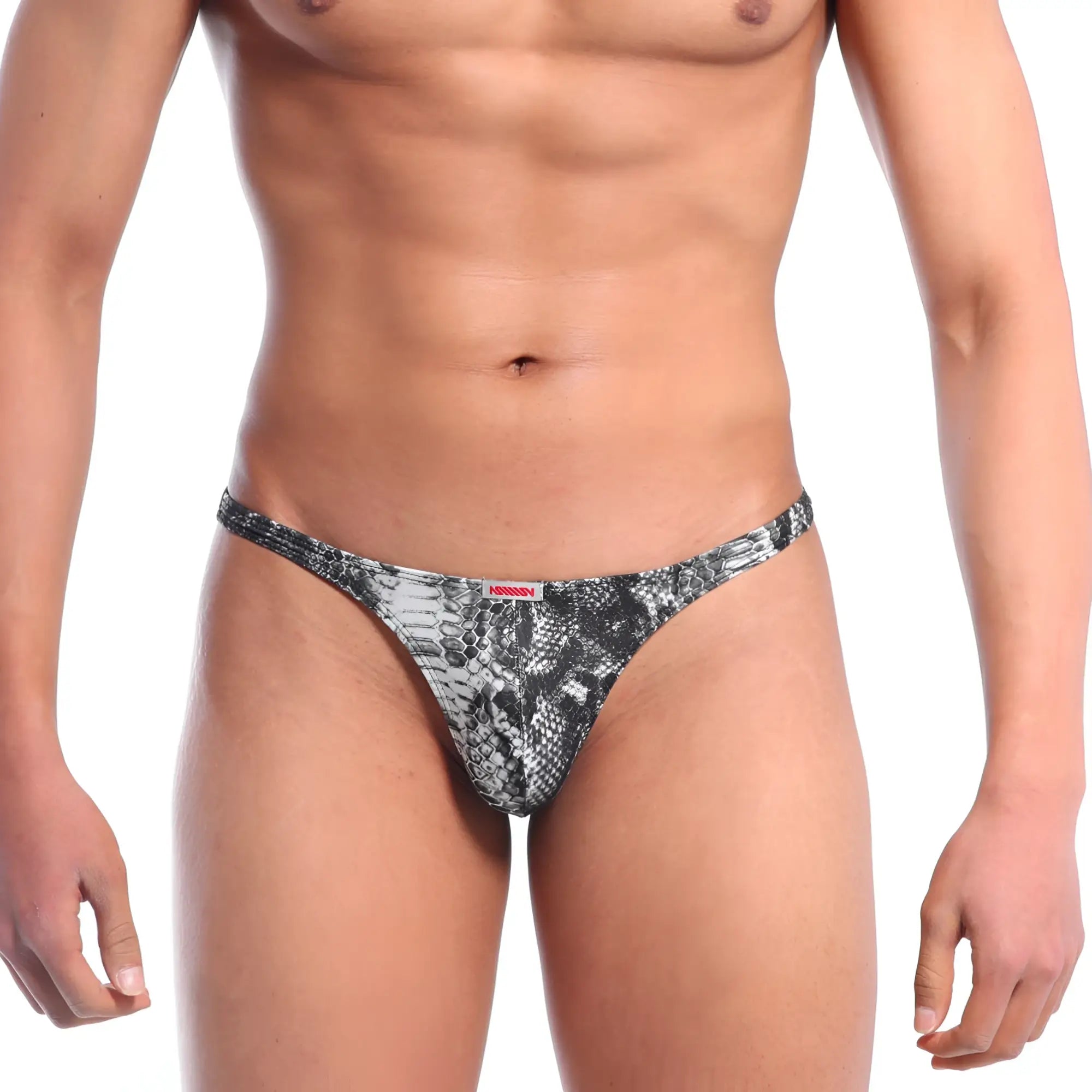 Black and gray snake-scale patterned men’s thong with red brand tag from MetroMaleWear Oceano Thong Snake 1032-60