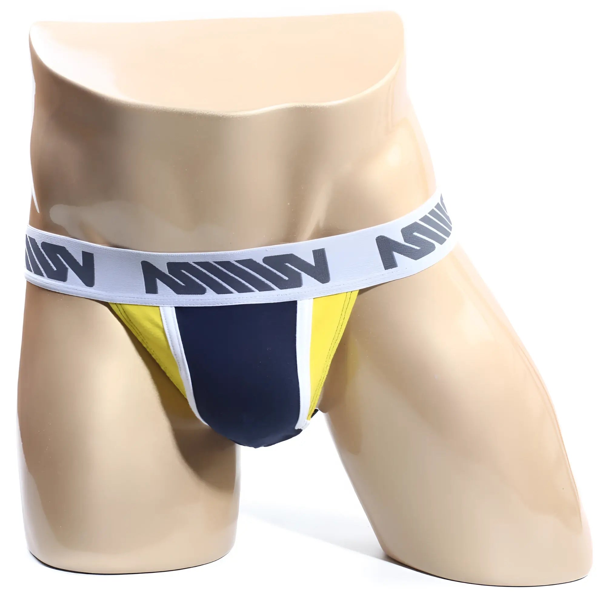 MetroMalewear olla bikini 3004-d28 navy and yellow athletic briefs with white waistband and gray m logos