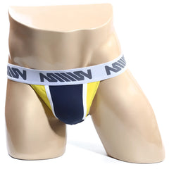MetroMalewear olla bikini 3004-d28 navy and yellow athletic briefs with white waistband and gray m logos