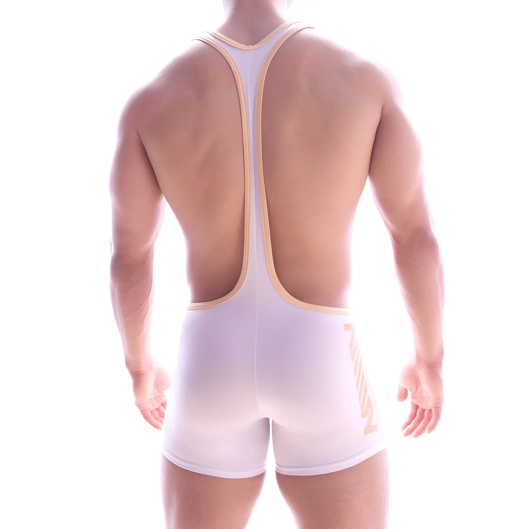 White MetroMaleWear Olympian wrestling singlet 2094-00 with beige trim and diagonal side stripe for athletic use