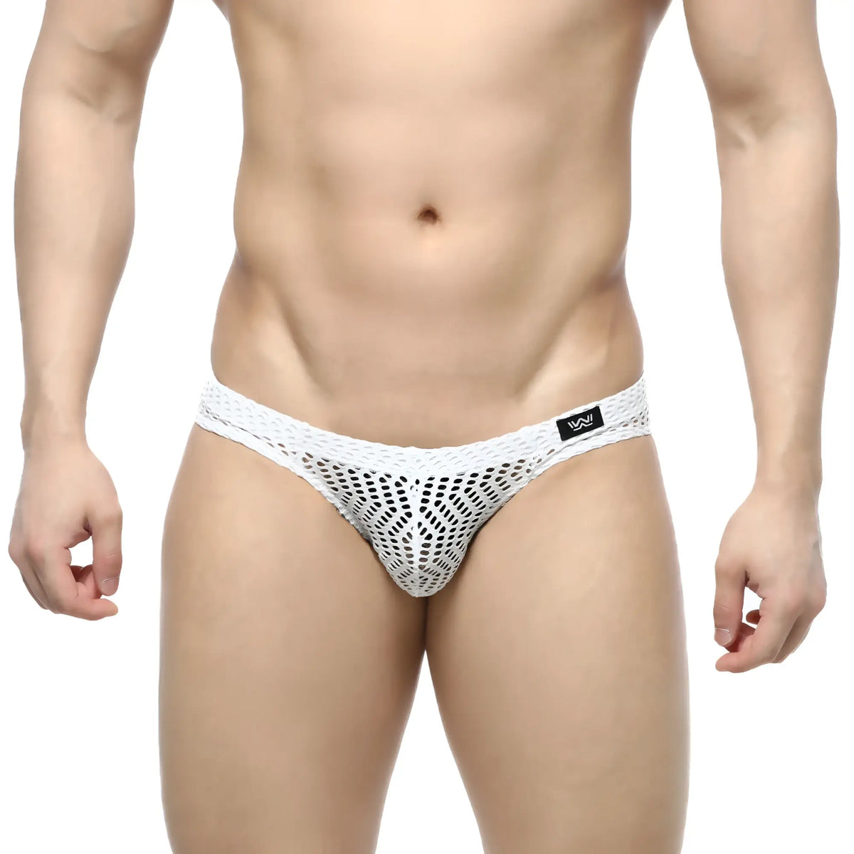 MetroMaleWear Onda bikini white mesh briefs with geometric pattern and black logo on waistband front view