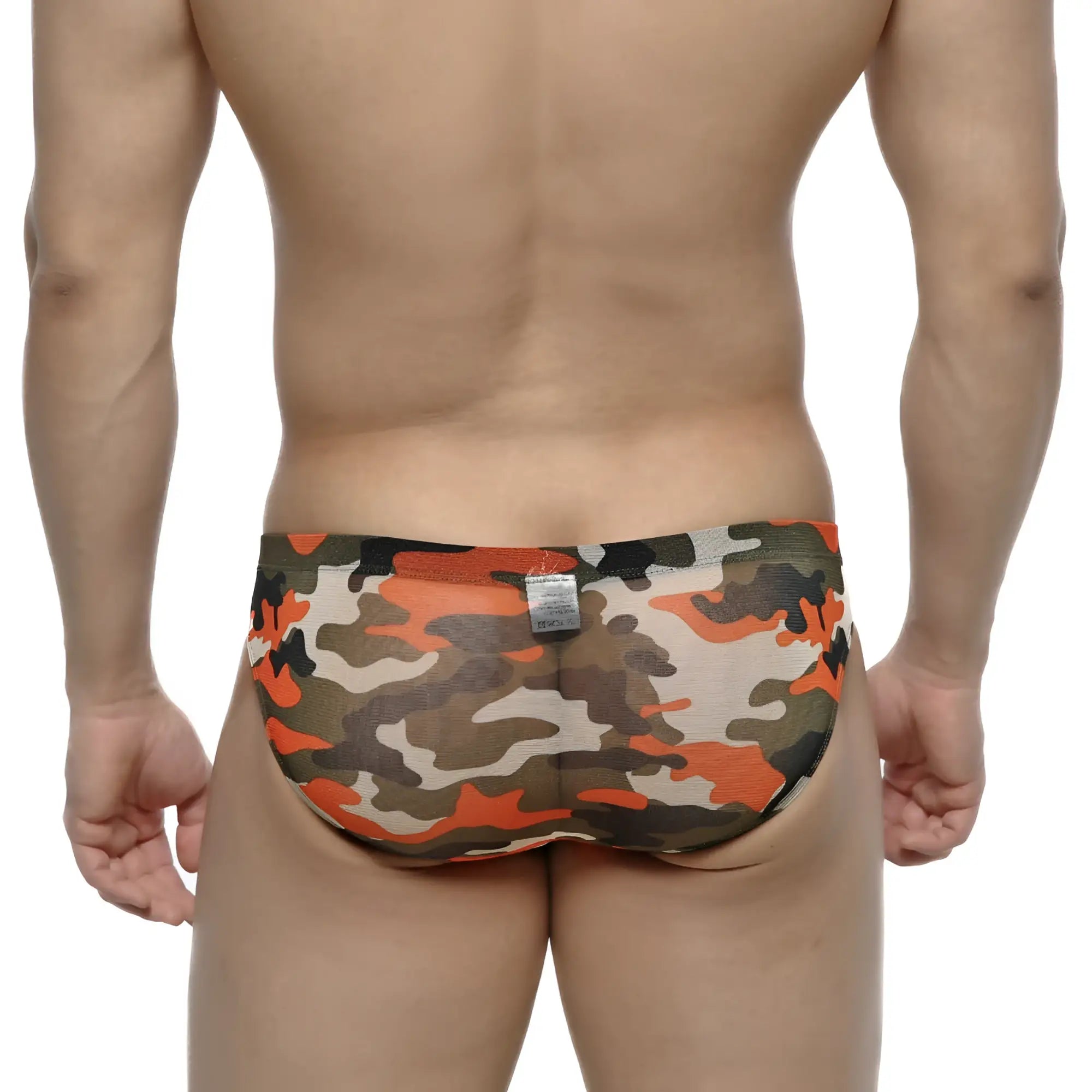 Metro male wear orange camo hip brief 5103-80 with orange green and beige camouflage pattern made of stretchy fabric