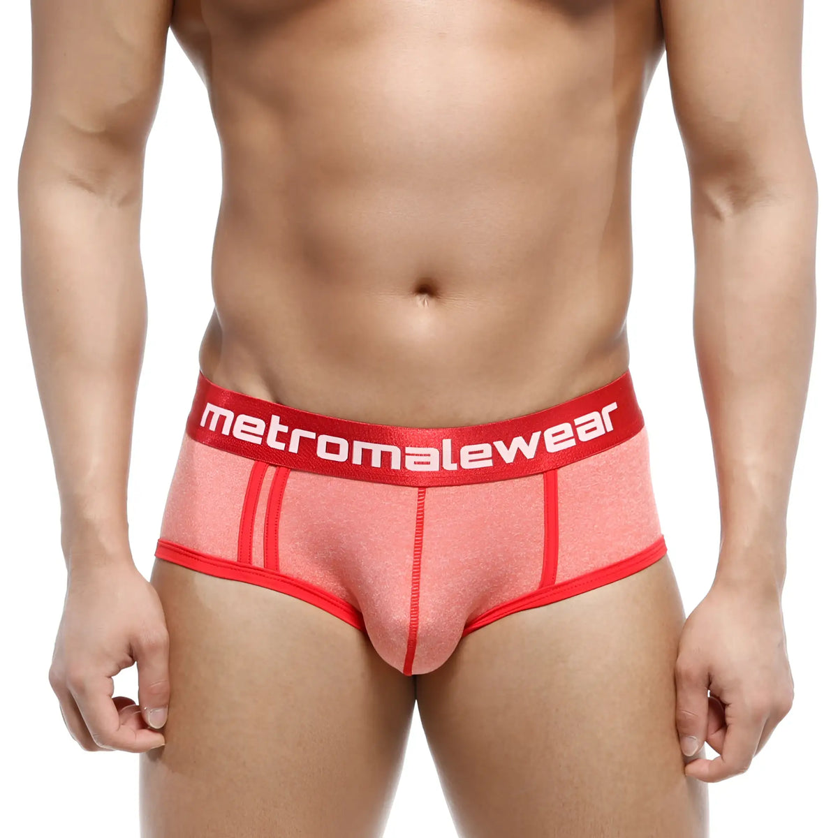 A coral-colored textured brief with a bold red waistband and metromalewear logo in white lettering