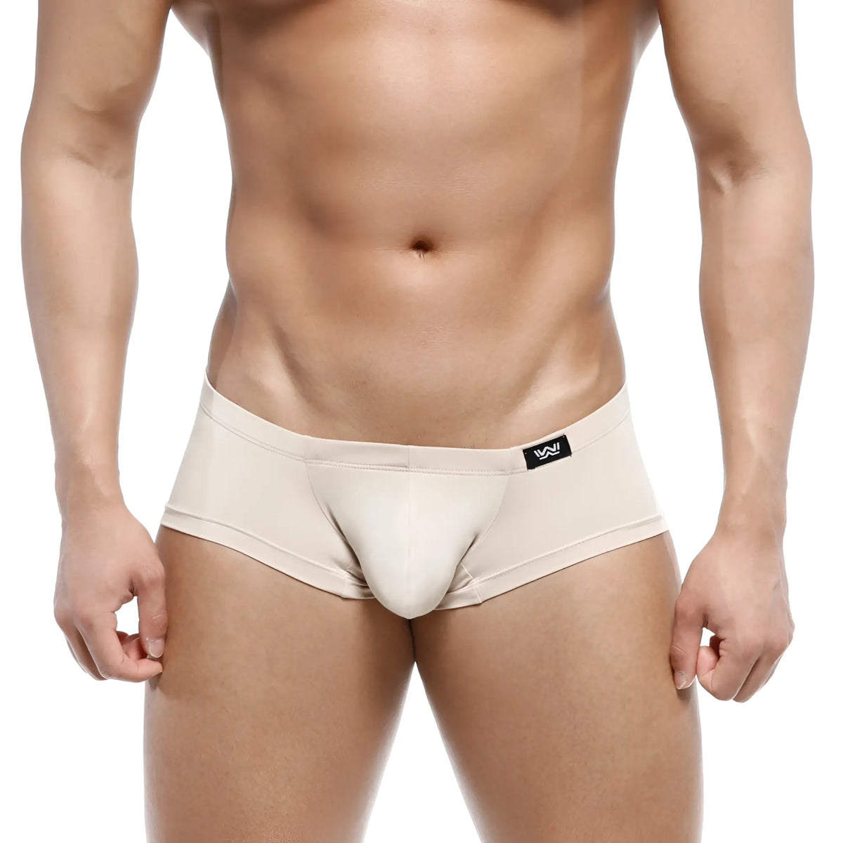 Beige metro male wear oscar boxer briefs with smooth form-fitting design and black logo on waistband