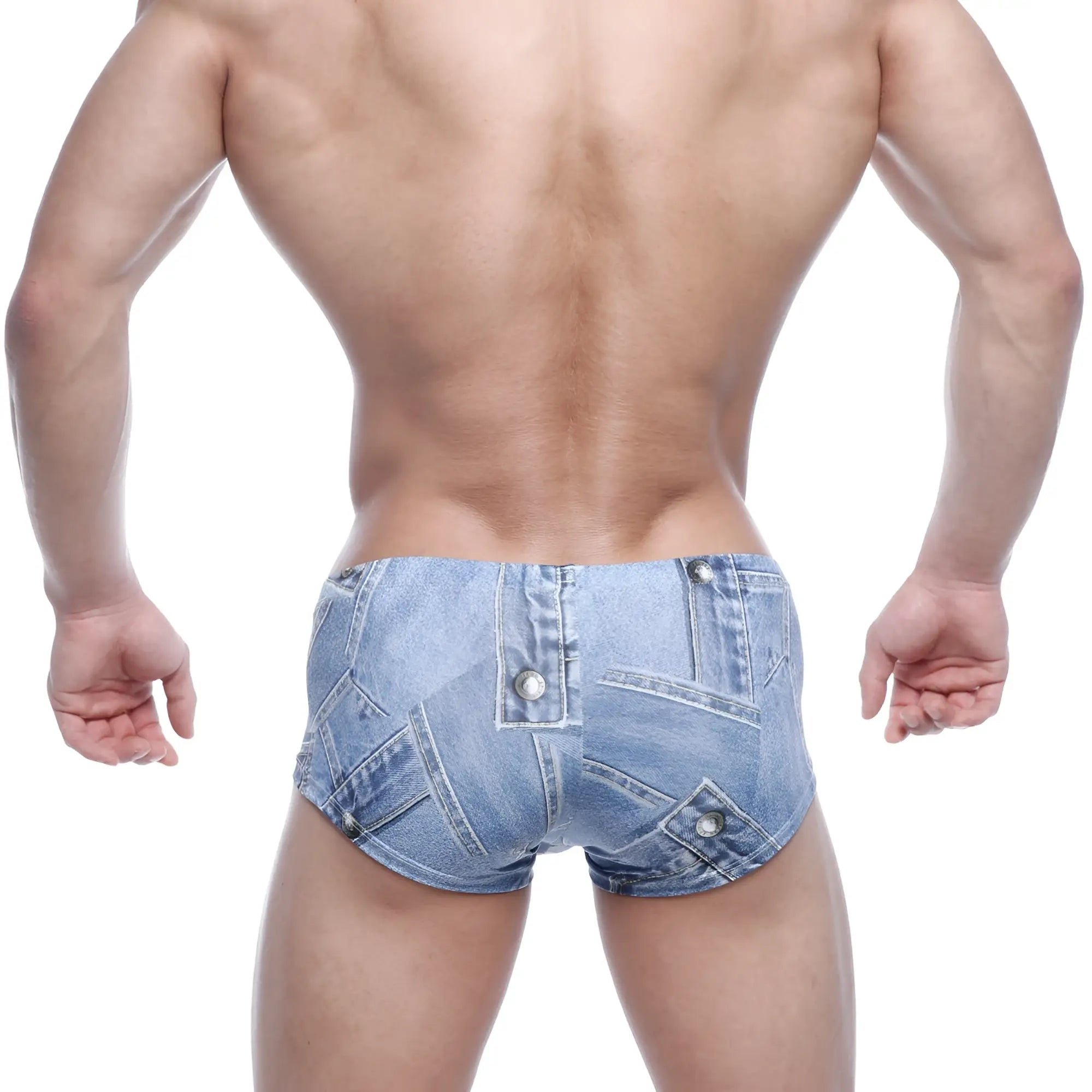 MetroMaleWear Oscar boxer denim blue light blue patchwork denim shorts with multiple pockets and button details