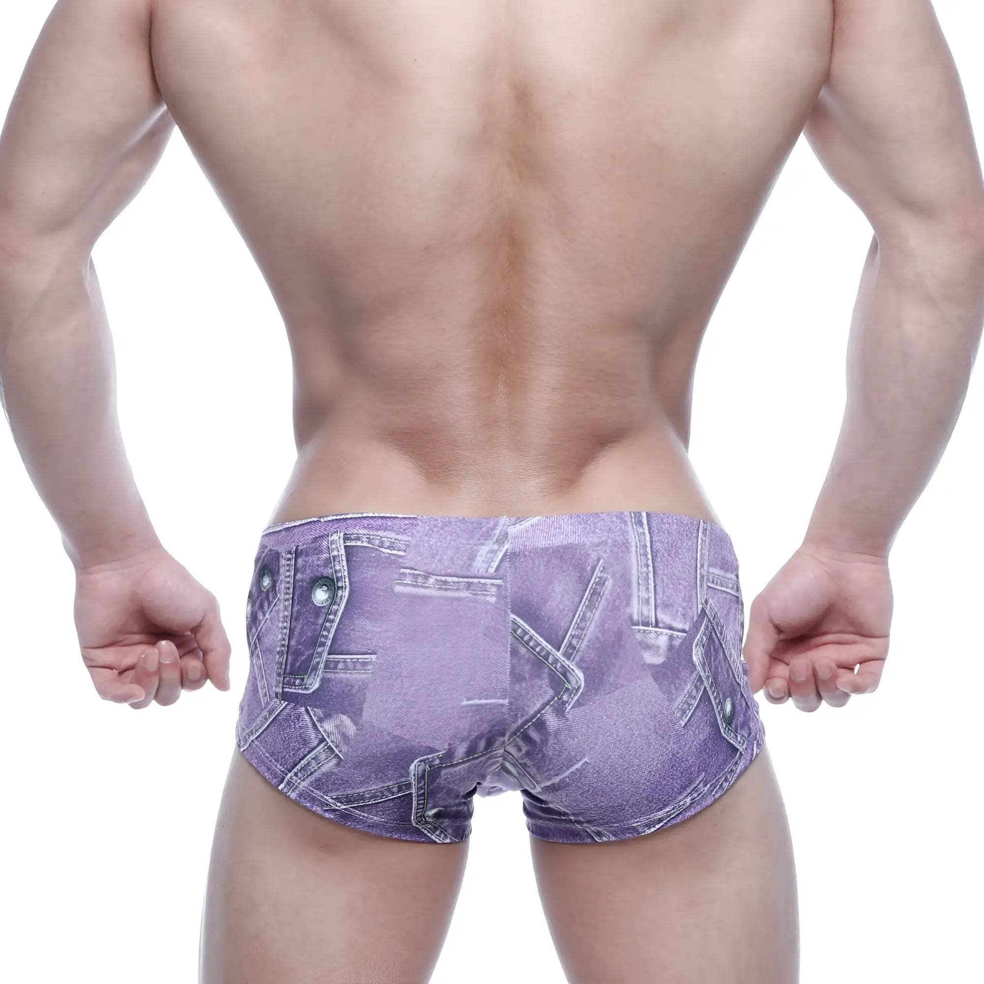 Purple denim-patterned metro male wear oscar boxer briefs with tailored fit and stitched pocket details