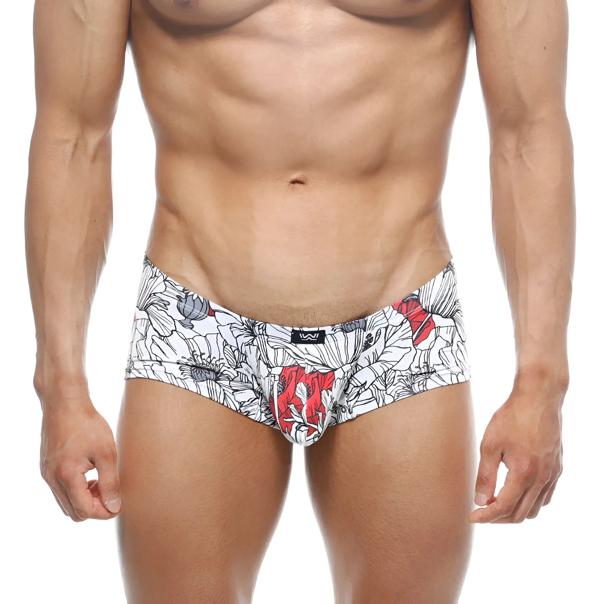 White MetroMaleWear Oscar boxer briefs with bold black and red floral pattern and black logo on waistband