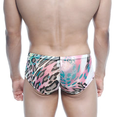 MetroMaleWear Oscar Boxer Fenrir 2125-79 vibrant pink and teal leopard print swim trunks with glossy patterned fabric