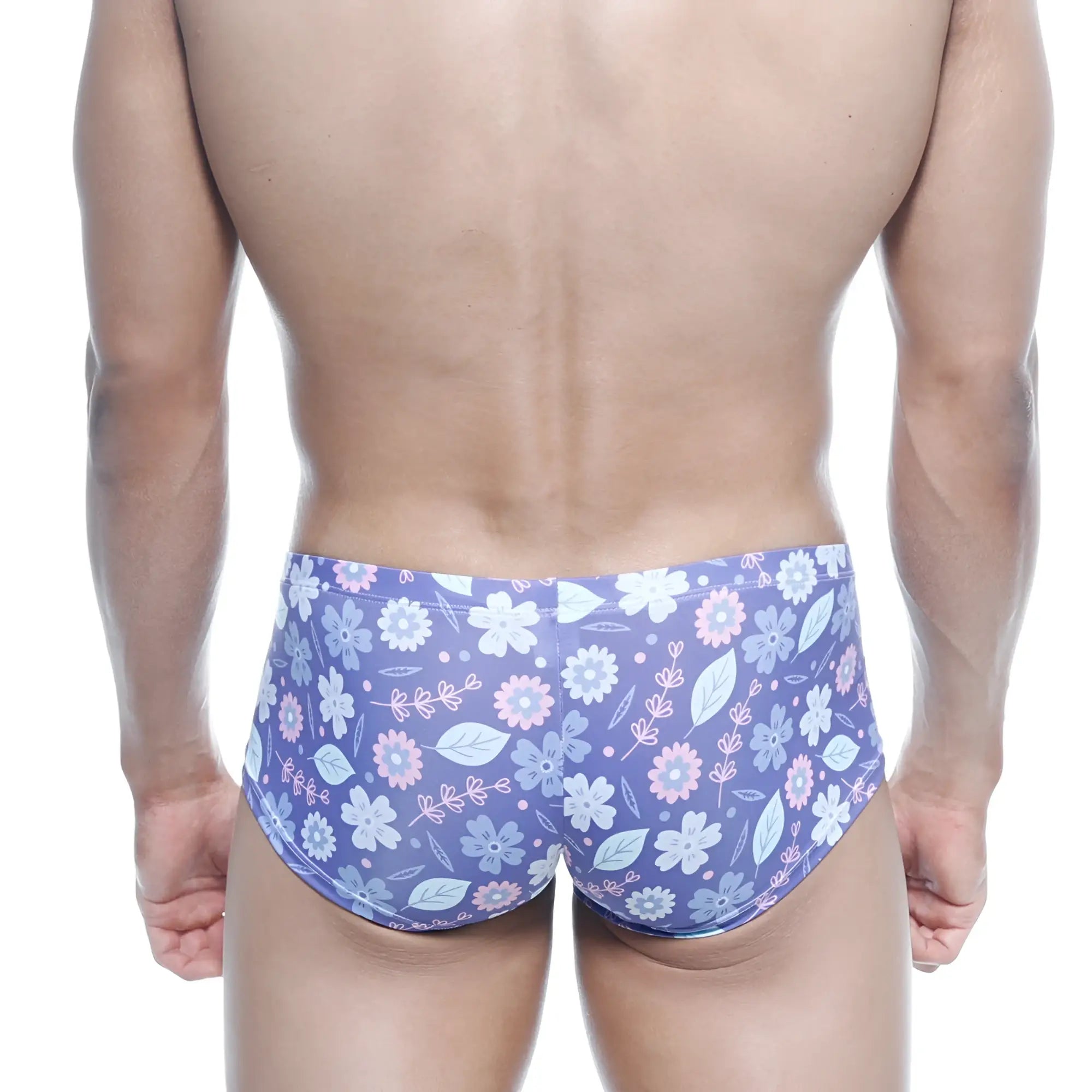 MetroMaleWear Oscar Boxer Jardin 2125-44 purple floral swim trunks with pink white blossoms and green leaves on stretchy fabric
