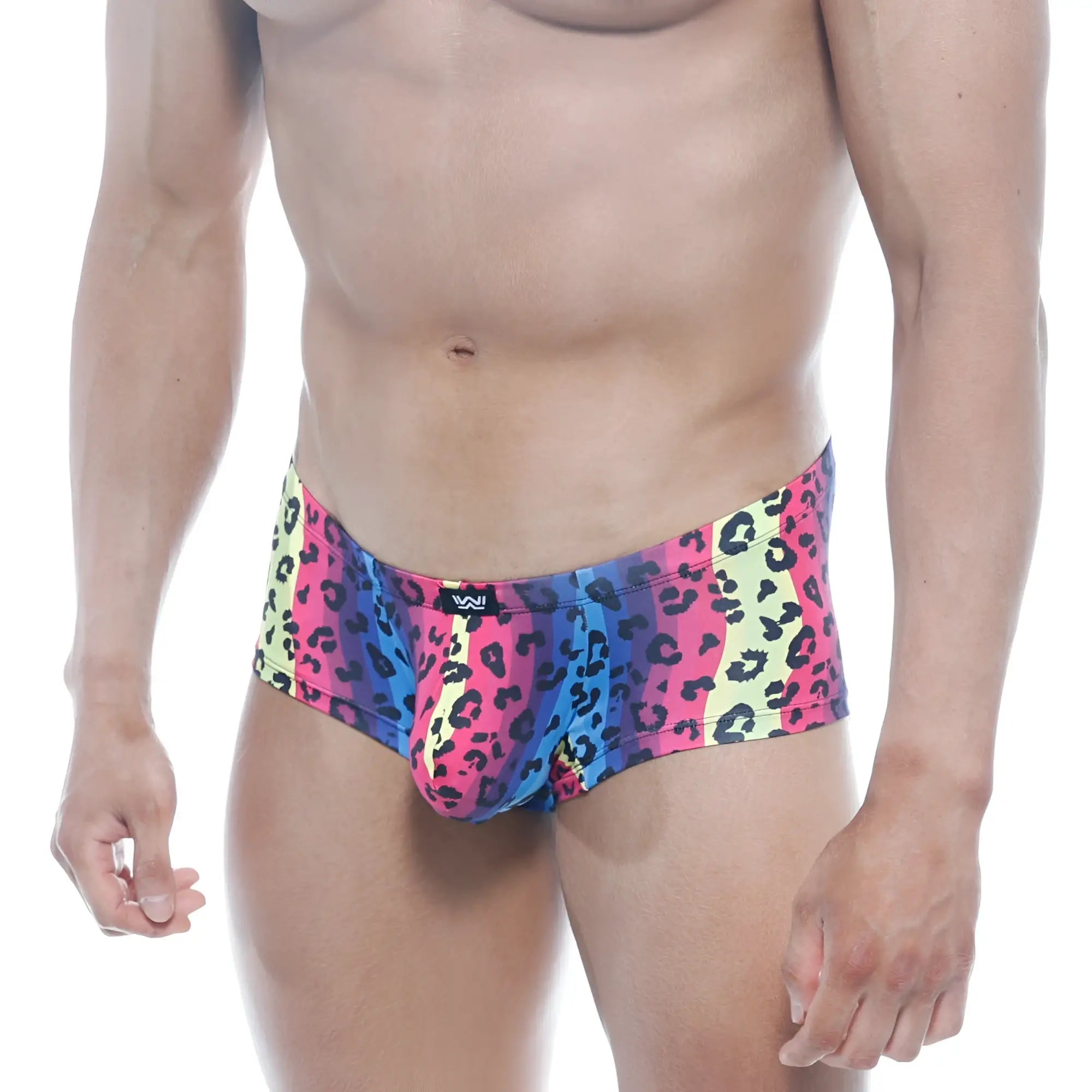 Metro malewear oscar boxer neon briefs with vibrant leopard print in pink blue and yellow gradient with black spots