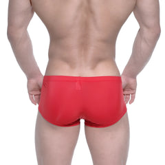 MetroMaleWear Oscar Boxer red swim trunks with smooth stretchy fabric and small back pocket shown from the back side