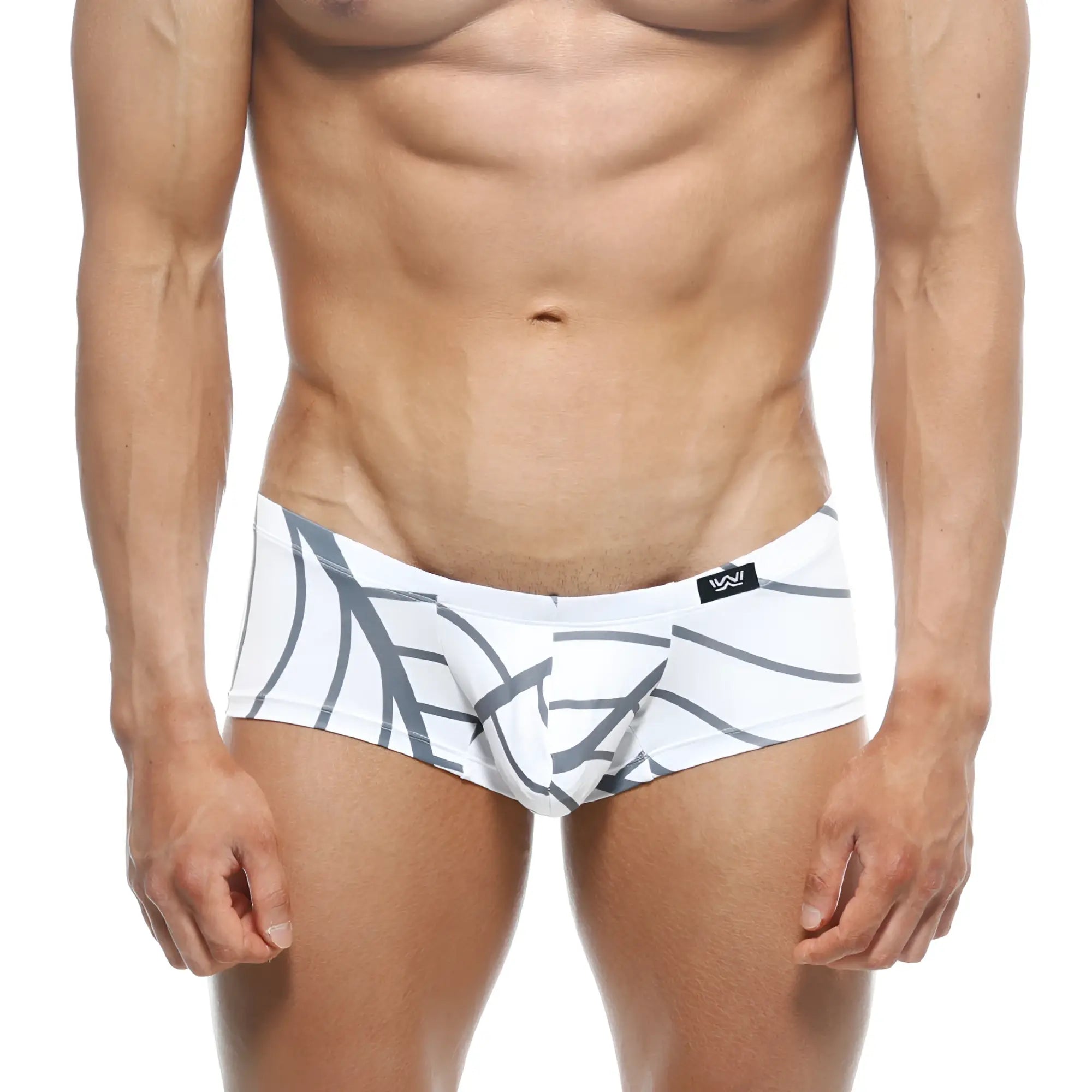 White swim trunks metroMalewear oscar boxer with bold gray abstract leaf pattern and black waistband logo