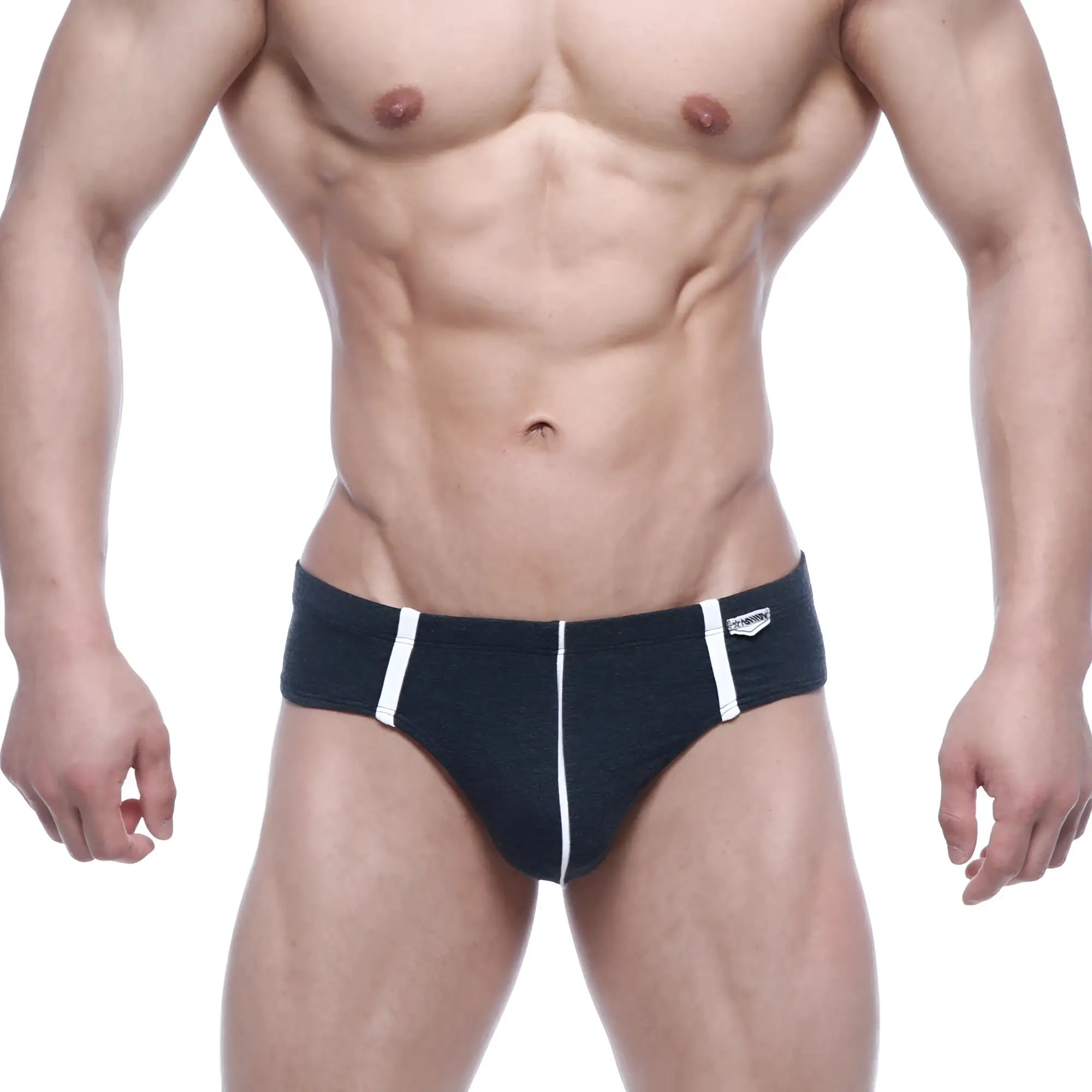 MetroMaleWear Oslo thong charcoal black briefs with white side stripes and small logo on the waistband
