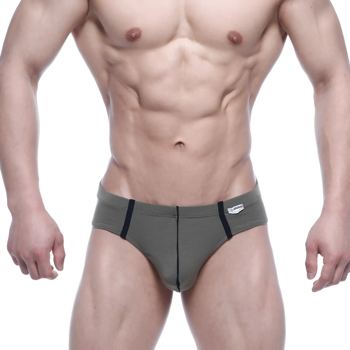 Olive green briefs with black side stripes and a small white brand tag on the waistband by metromalewear oslo thong 5102-26