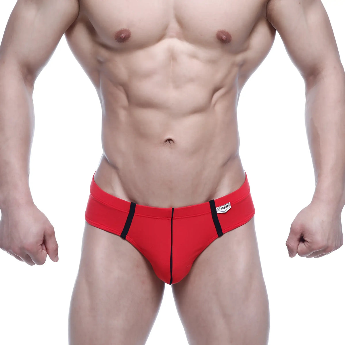 Red athletic briefs with black side stripes and a white brand tag on the waistband by MetroMaleWear Oslo Thong 5102-12