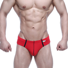 Red athletic briefs with black side stripes and a white brand tag on the waistband by MetroMaleWear Oslo Thong 5102-12