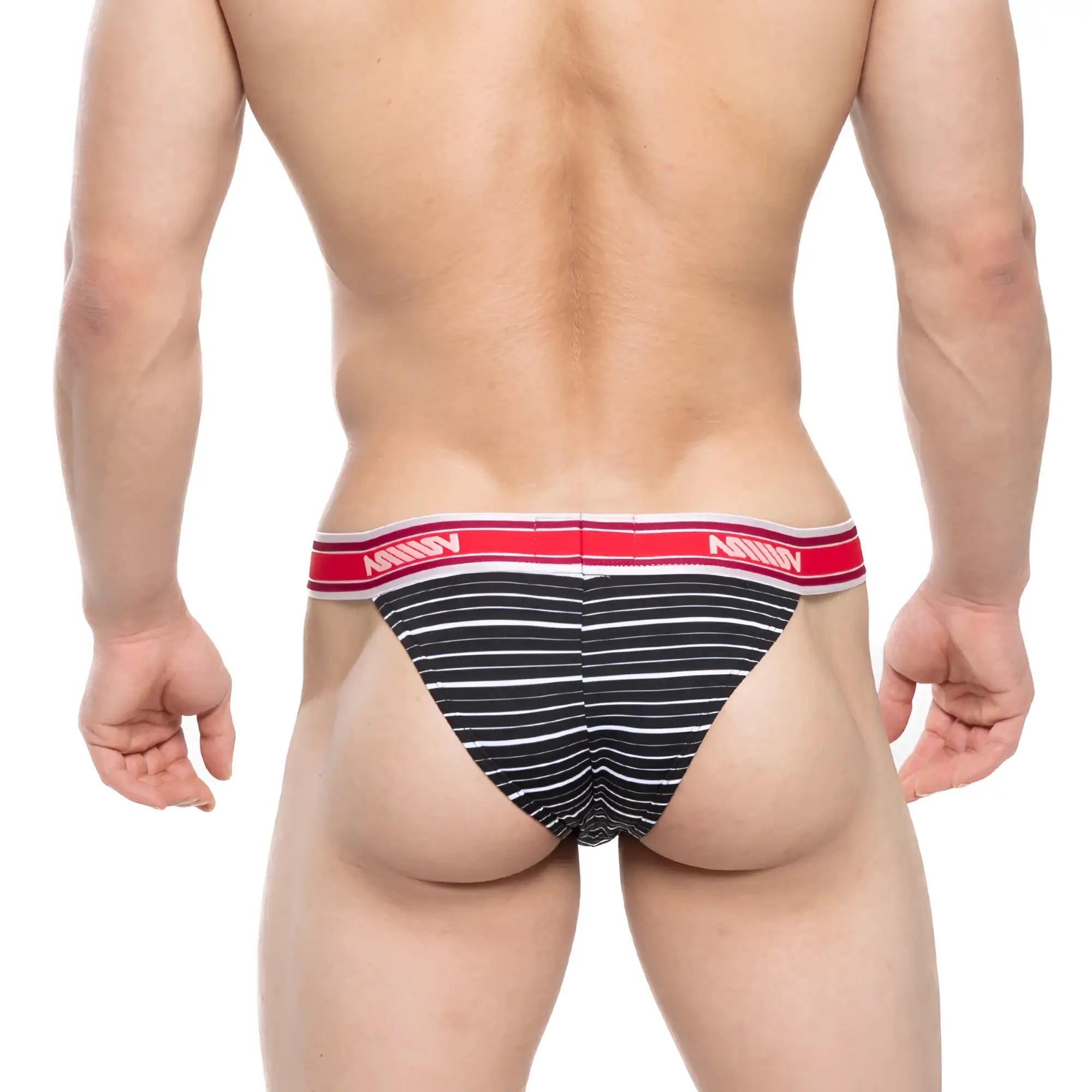 MetroMalewear ostion bikini stripe 3005-40 black and white striped men’s briefs with red waistband featuring amin logo