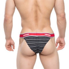 MetroMalewear ostion bikini stripe 3005-40 black and white striped men’s briefs with red waistband featuring amin logo