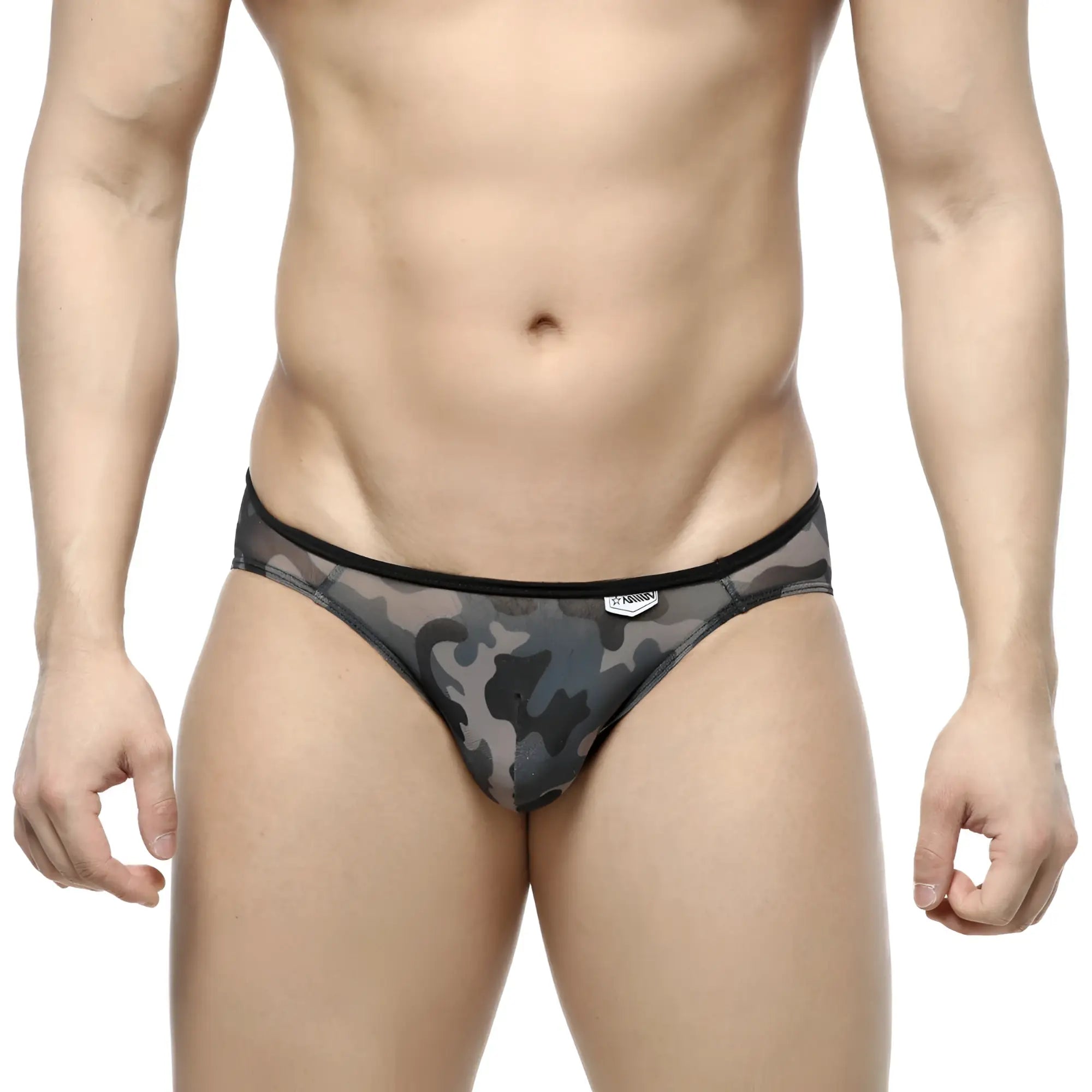 MetroMaleWear Over-Limit bikini gray mesh briefs with black and gray camouflage pattern and solid black waistband