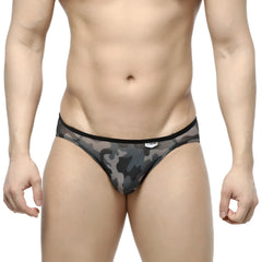 MetroMaleWear Over-Limit bikini gray mesh briefs with black and gray camouflage pattern and solid black waistband