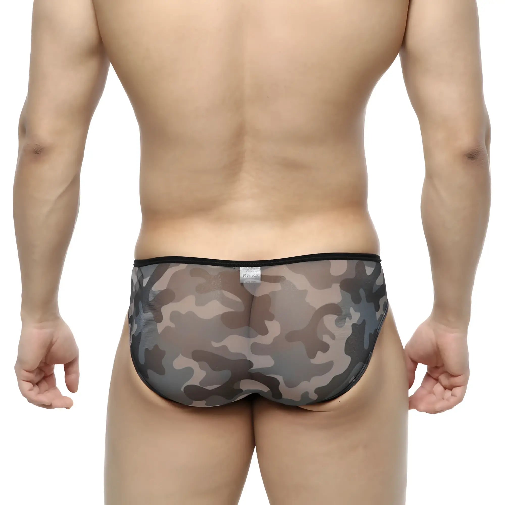 Metro male wear over-limit bikini gray 2206-93 sheer mesh briefs with gray and black camouflage and solid black waistband