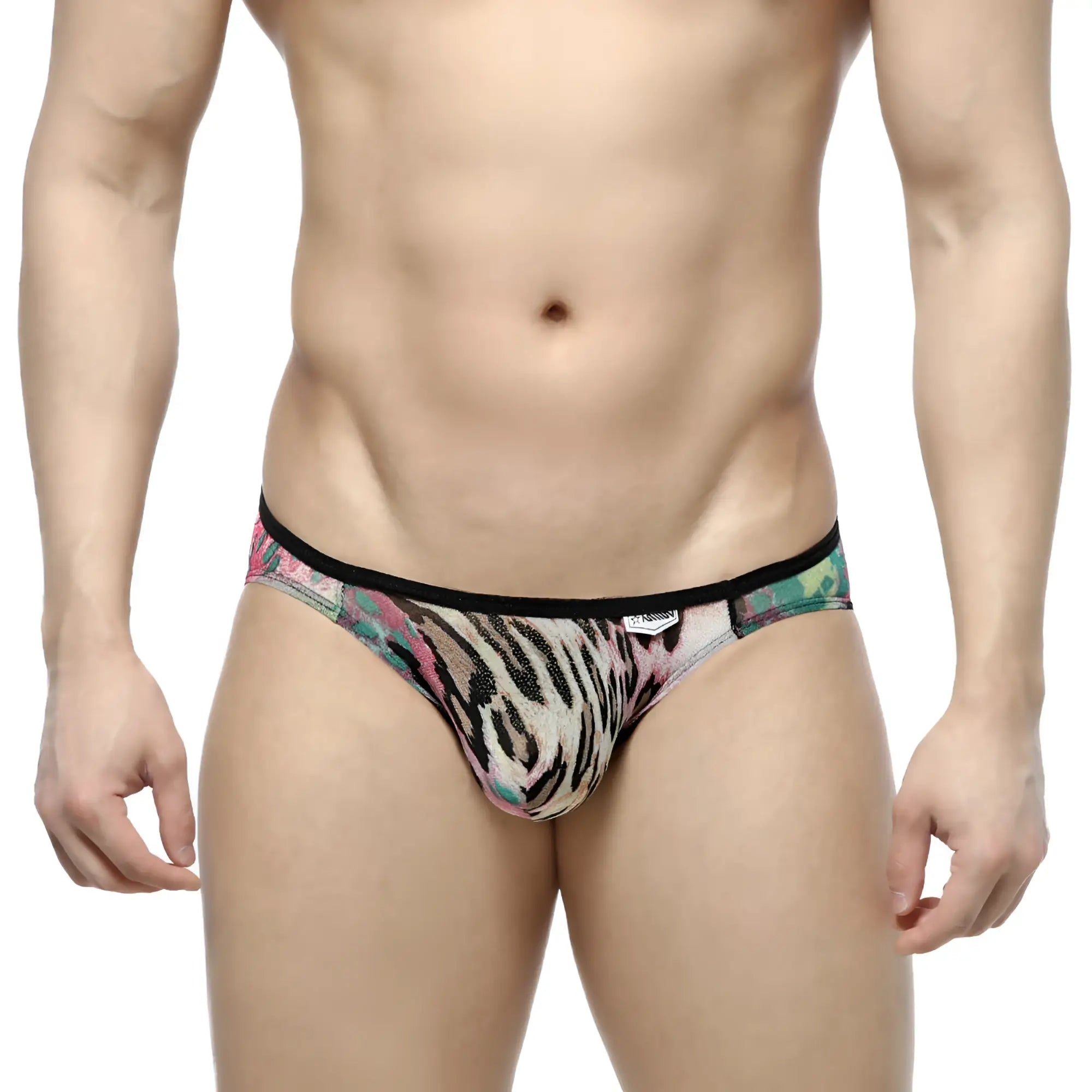 MetroMaleWear Over-Limit bikini orange men’s brief with vibrant pink green and black tiger stripe pattern on beige base