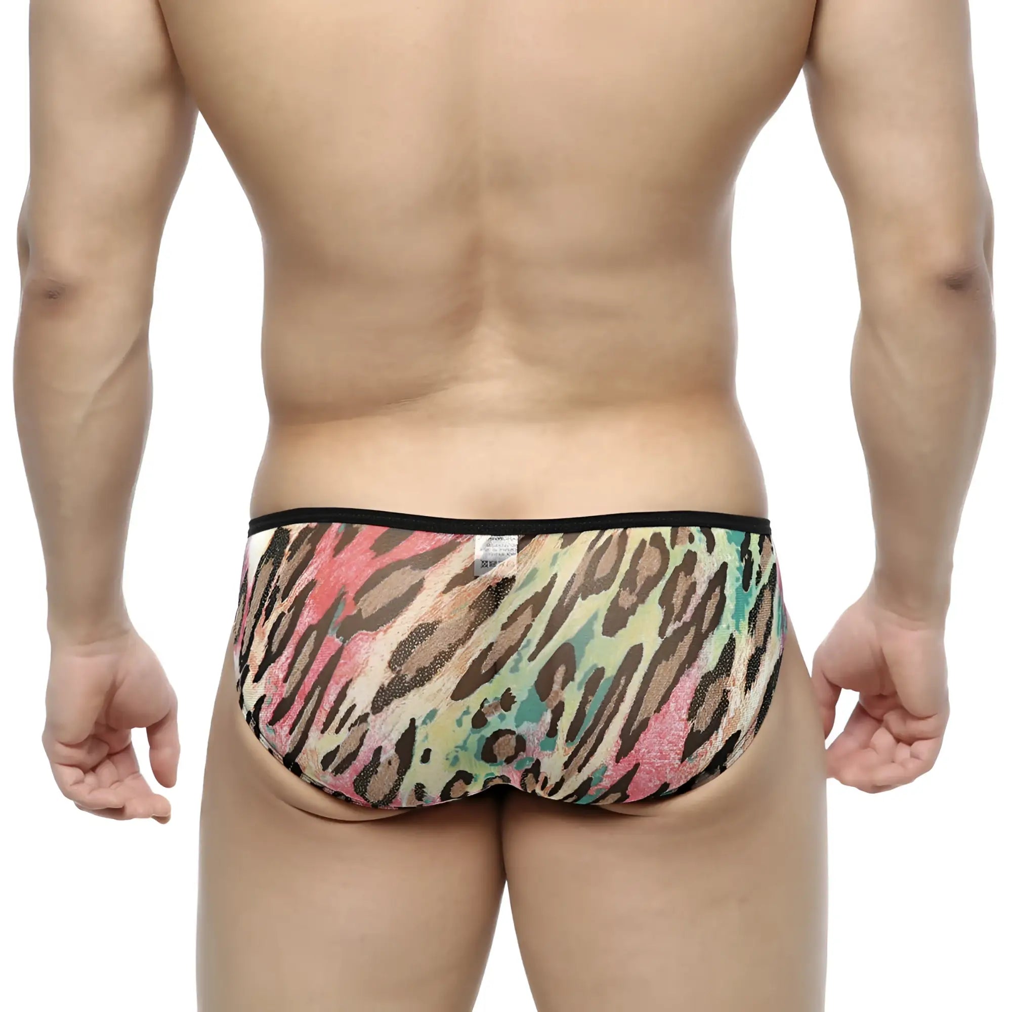MetroMaleWear over-limit bikini briefs in orange multicolored leopard print with black waistband for men
