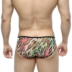 MetroMaleWear over-limit bikini briefs in orange multicolored leopard print with black waistband for men